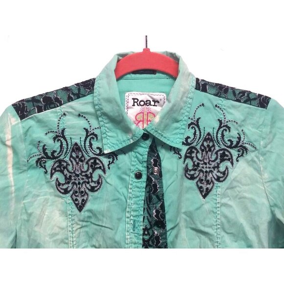 Roar Western Shirt Womens Sz L Slim Embroidered Rhinestones Cowgirl green black - Picture 3 of 12